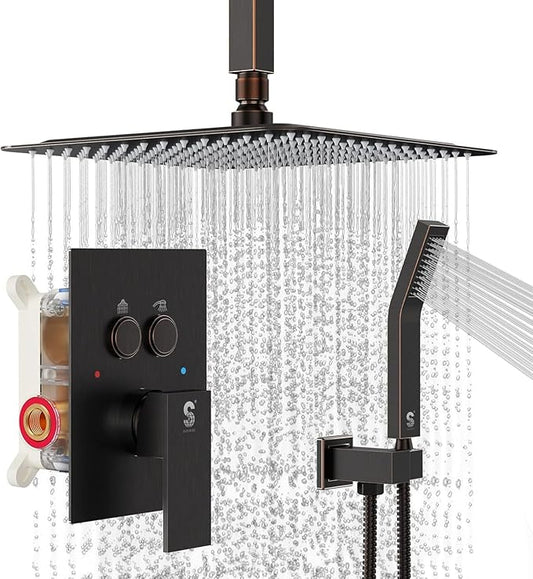 SR SUN RISE Shower System with Push Button Diverter, Ceiling Mounted Luxury 10 Inch Rain Shower Head with Handheld Spray, High Pressure Shower Faucet Combo Set with Rough-in Valve, Oil Rubbed Bronze