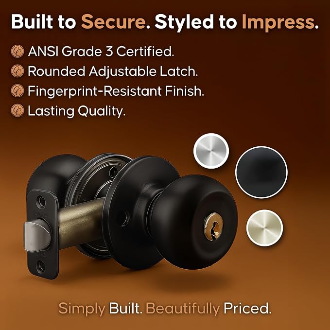 Copper Creek Entry Door Knob – Keyed Entry Handle with Lock and Key, ANSI Grade-3 Certified, DIY-Friendly Install for Interior and Exterior Entrance Doors – Matte Black (1 Pack)