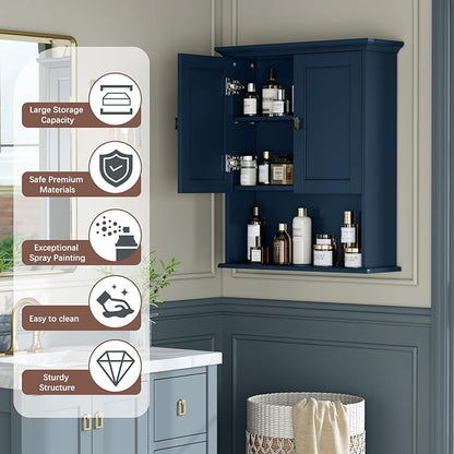 Over The Toilet Storage Cabinet, Wall Mounted Medicine Cabinet Bathroom Wall Cabinet with Build-in Spirit Level Cupboard Adjustable Shelves for Bathroom Laundry Room Kitchen, Ultramarine