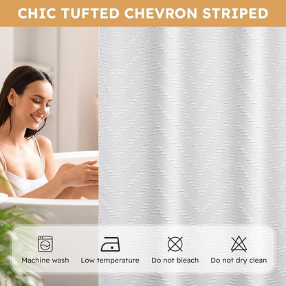 FADOTY White No Hook Shower Curtain Set with Snap in Liner, 71'' x 74'' | Bathroom Hotel Fabric Curtain, Waterproof Washable Liner, See Through Top Window, Ringless Chevron Tufted Cloth Curtain