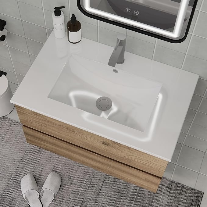 Wall-Mounted Bathroom Vanity with 2 Soft-Close Drawers – Moisture-Resistant MDF, Space-Saving Design for Modern Bathrooms (Nature Without Sink, 30)