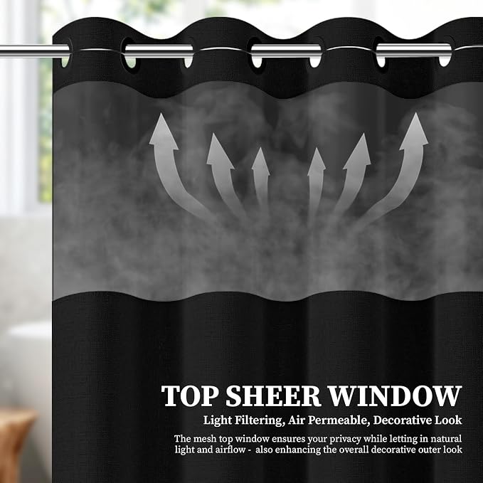48x75 Ringless Linen Textured Shower Curtain with Snap in Liner, Black | Stall Size, 3 in 1 Shower Curtain Set, Removable Liner, Waterproof & Washable, Mesh Top Window, Durable Fabric, Easy Setup