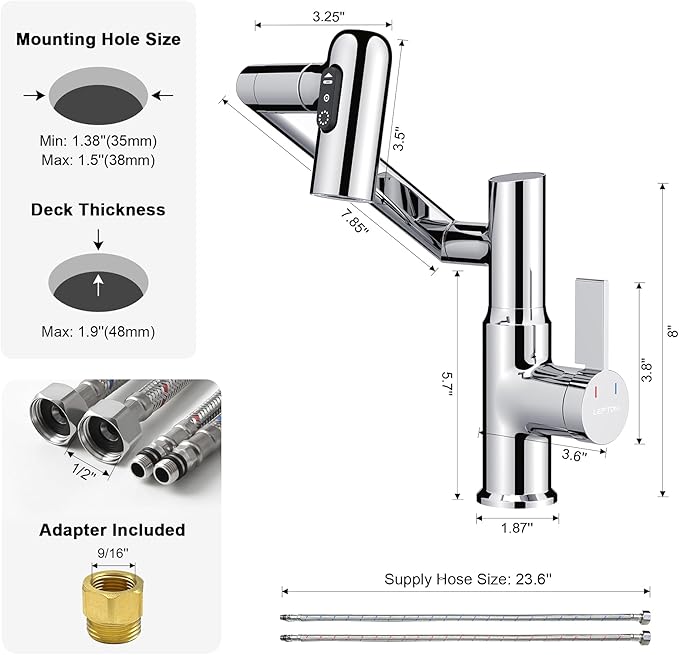 Lefton Rotatable Bathroom Faucet with Temperature Display in Fahrenheit (Batteries-Free), 3 Water Modes, Chrome, BF2204-1