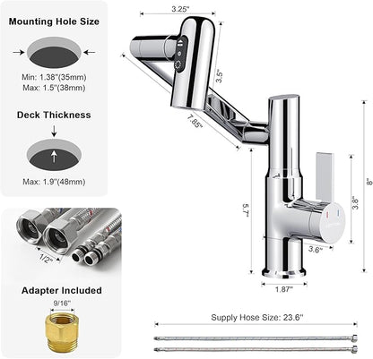 Lefton Rotatable Bathroom Faucet with Temperature Display in Fahrenheit (Batteries-Free), 3 Water Modes, Chrome, BF2204-1