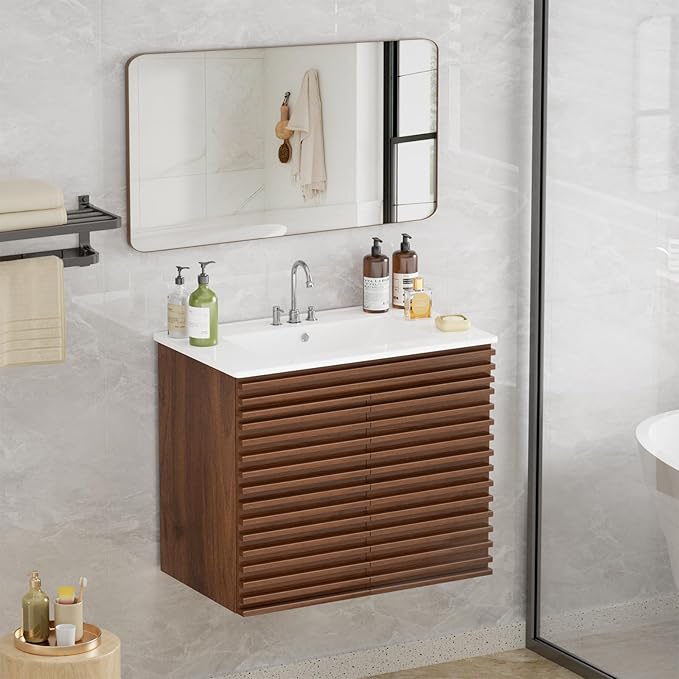 ROOMTEC 30" Bathroom Vanity with Ceramic Sink Combo, Mid-Century Wall Mounted Floating Vanity Cabinet with 2 Closing Doors, Wood Grain Texture, Walnut