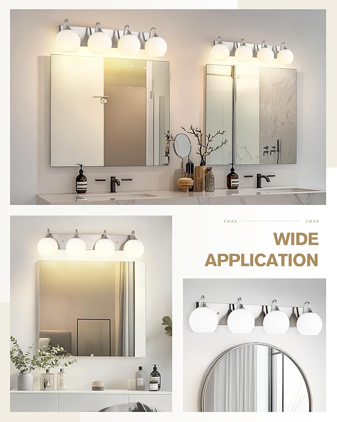 Emak Modern 4-Light Bathroom Lighting Fixtures Over Mirror, Brushed Nickel Vanity Light with Milk Glass Shade, 29 Inch Globe Vanity Lights for Bathroom, Mirror, VL118-BN-ML-4