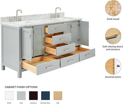 ARIEL Cambridge 66-inch Bathroom Vanity with Sink,Solid Wood, 0.75-inch Italian Carrara Marble Countertop, Double Rectangular Porcelain Sink, 4 Soft Closing Doors, 6 Dovetail Drawers, Grey