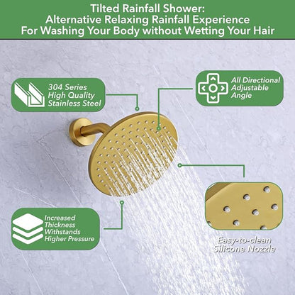 VANFOXLE Shower Faucet Set Brushed Gold Shower System, Push Button Diverter | 8 Inch Wall Mount Head, 2-in-1 Handheld Sprayer, 9 Inch Bathtub Waterfall Spout, Solid Brass Valve, Rust Resistant