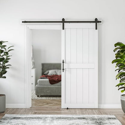 34in x 84in MDF Sliding Barn Door with 6ft Barn Door Hardware Kit & Handle | White Solid Barn Door Slab Covered with Water-Proof PVC Surface, Pre-Drilled Holes Easy Assembly, H-Frame