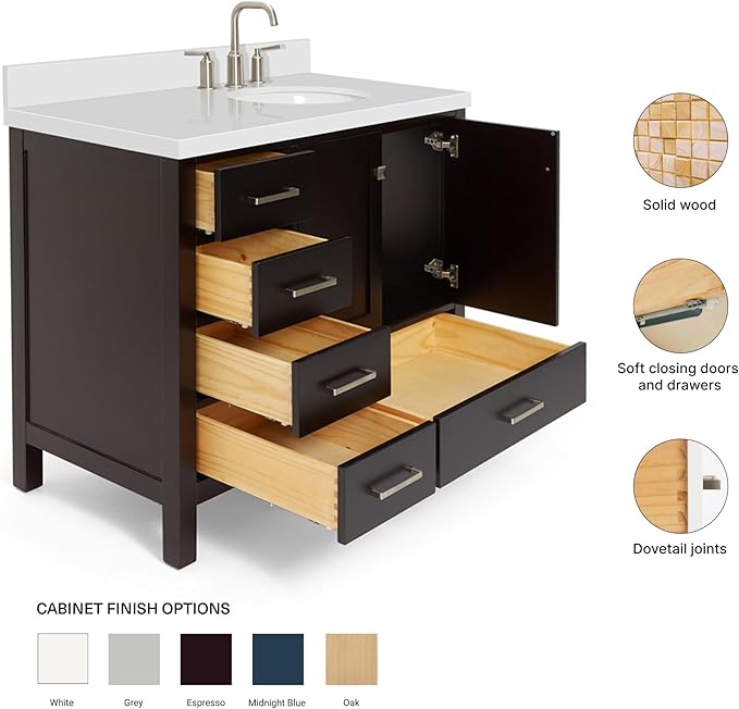ARIEL Cambridge 42-inch Bathroom Vanity with Sink,Solid Wood, 1.5-inch Pure White Quartz Countertop & Backsplash, Single Oval Porcelain Sink, 2 Soft Closing Doors, 5 Dovetail Drawers, Espresso