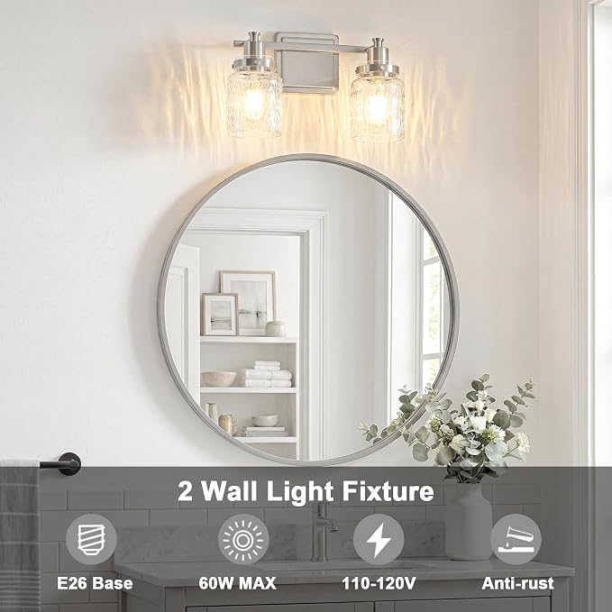 2 Light Bathroom Vanity Light Fixtures Modern Brushed Nickel | ETL Certificate, Easy to Install,Wall Mount Up or Down,Hammered Glass Lampshade,E26 Socket,Hardwired,120V