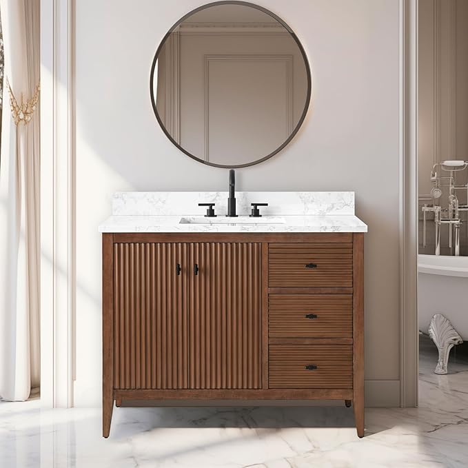 Vanity Art 42 inch Walnut Bathroom Vanity with Single Sink & Ceramic Top, Vanity Cabinet with Soft-Closing Door, Solid Wood Frame, Linear Pattern, Walnut, VA9142-Walnut-MB,Matte Black Handles