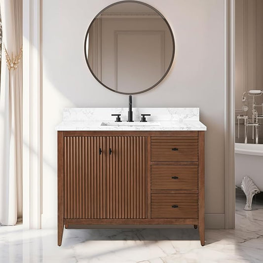 Vanity Art 42 inch Walnut Bathroom Vanity with Single Sink & Ceramic Top, Vanity Cabinet with Soft-Closing Door, Solid Wood Frame, Linear Pattern, Walnut, VA9142-Walnut-MB,Matte Black Handles