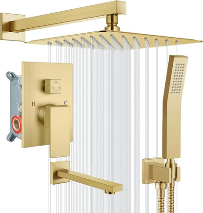 gotonovo Bathtub Shower Faucet Set, 12 Inch Shower Head, Brushed Gold | Wall Mounted Shower System with Tub Spout for Bathroom, Square High Pressure Rain Shower head with Handheld Spray, All Metal