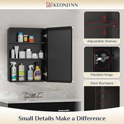 Keonjinn 20 x 26 Inch Brushed Nickel Recessed Medicine Cabinets, Bathroom Mirrored Medicine Cabinet, Brushed Nickel Stainless Steel Framed, Adjustable Shelves, In Wall or Surface Mount, Sturdy, Modern