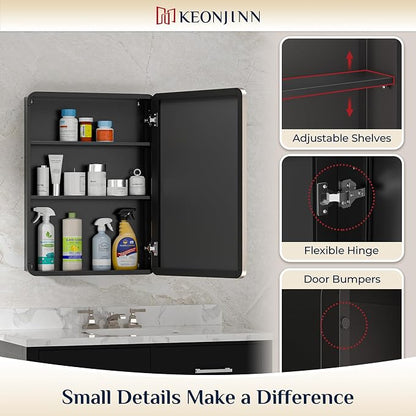 Keonjinn 16"x24" Recessed Medicine Cabinet with Mirror, Brushed Nickel | Stainless Steel Framed, Adjustable Shelves, Recessed or Wall Mount, Sturdy, Rectangle Rounded Corner, Silver Medicine Cabinet