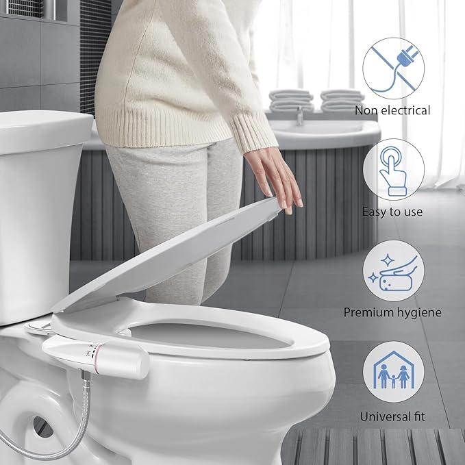 Bidet Attachment for Existing Toilet Seats, Ultra-Slim, Non Electric, Dual Nozzle, Rear & Feminine Wash, Fresh Cold Water Sprayer, Badays Bedets Bedits Badette Bidgets, Rose Gold