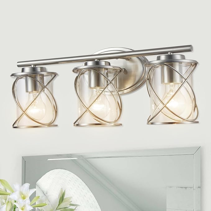 3-Lights Bathroom Vanity Lights, Bathroom Light Fixtures Over Mirror, Brushed Nickel Vanity Light, Farmhouse Wall Lights with Clear Glass Shade, Bathroom Wall Lamp for Mirror Kitchen Bedroom