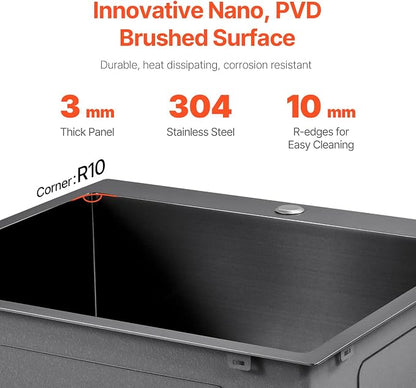 VEVOR 25" Recessed Kitchen Sink 9" Deep Top Mount Single Bowl Kitchen Sink 304 Stainless Steel Sink with Filter Basket Perfect for Home, RV, Laundry Room, Bar