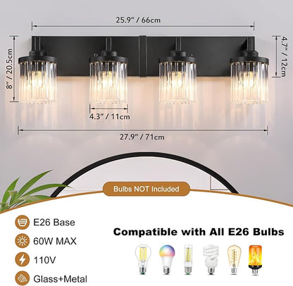 4-Light Black Bathroom Vanity Light, Crystal Glass Shades | Modern Wall Lighting Fixtures Over Mirror, for Bathroom, Matte Black Finish, Rust-resistant Metal, Farmhouse Industrial Style