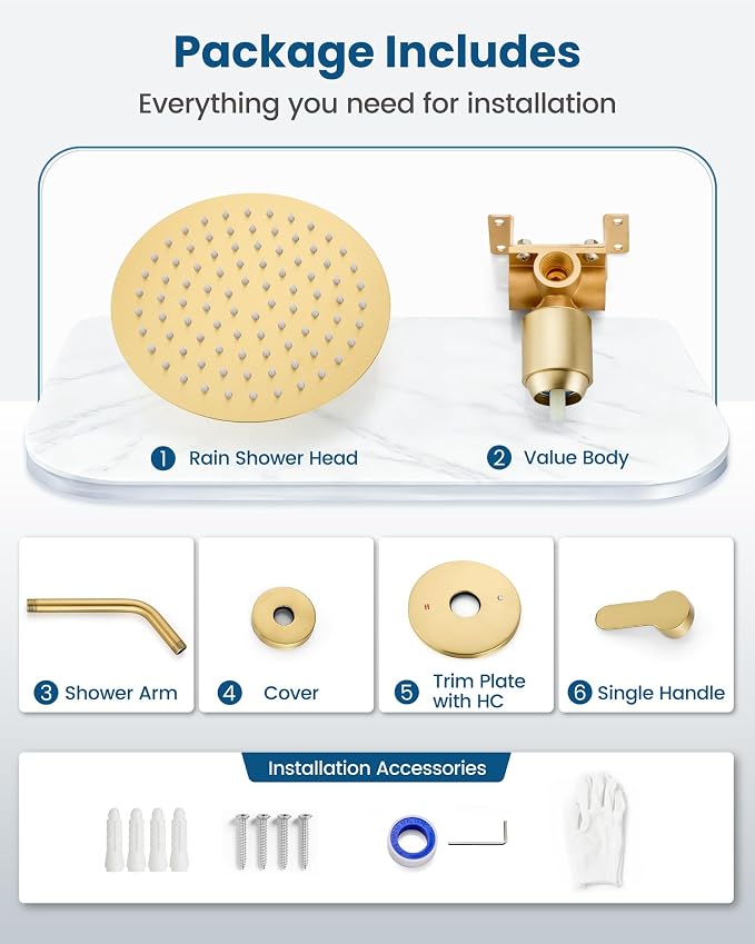 Airuida 8 Inch Brushed Gold Shower Faucet Set,Shower Valve Kit | Female Threads Rough-in Valve Shower Trim Kit,Single Handle Control Shower Set