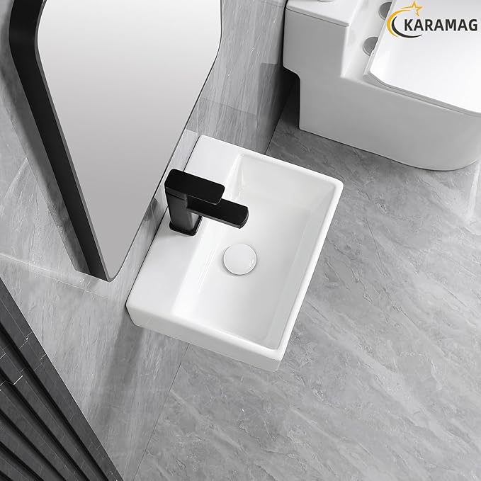 Small Vessel Sink 15"x12" Wall Mount Bathroom Sink Rectangular White Porcelain Ceramic Mini Floating Tiny Bathroom Wall Mounted RV Sink