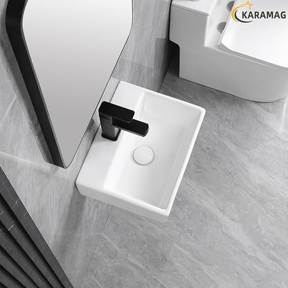 Small Vessel Sink 15"x12" Wall Mount Bathroom Sink Rectangular White Porcelain Ceramic Mini Floating Tiny Bathroom Wall Mounted RV Sink