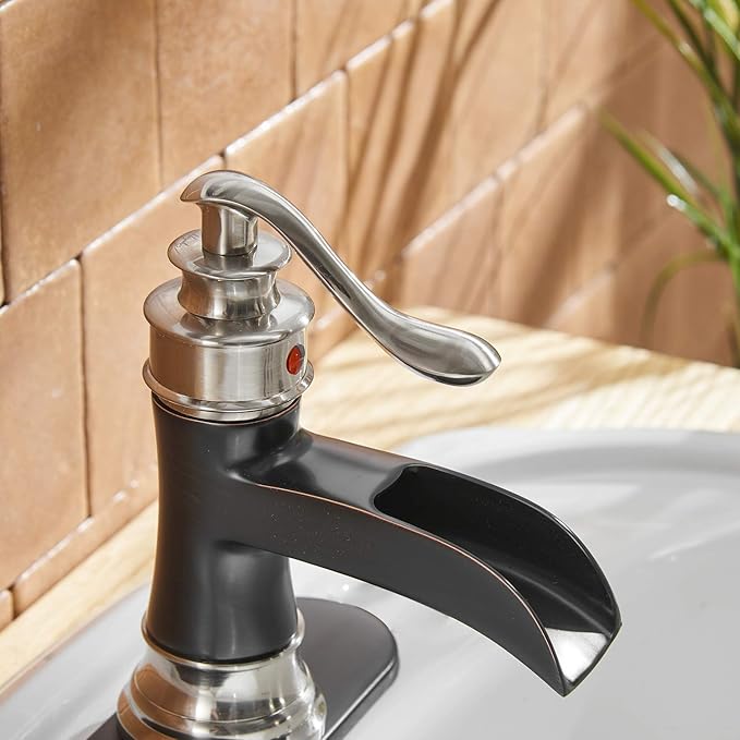 BWE Waterfall Bathroom Faucet Single Hole Oil Rubbed Bronze with Brushed Nickel for Bathroom Sink Farmhouse Single Handle Vanity Faucets Lavatory Mixer Tap