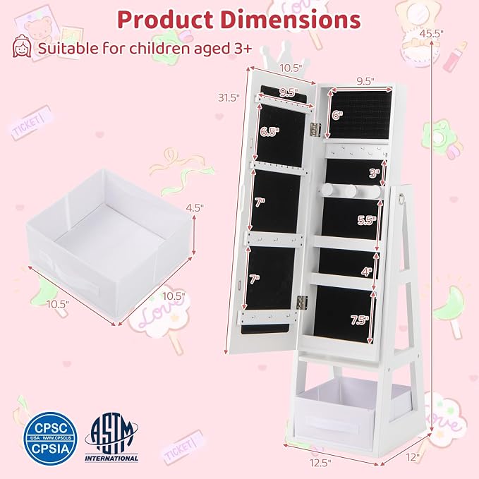 CHARMAID Kids Jewelry Cabinet - 45.5'' Standing Jewelry Armoire with Full Length Mirror, Storage Drawer and Back Shelf, Kids Jewelry Organizer Box Vanity Dressing Mirror for Girls (White)