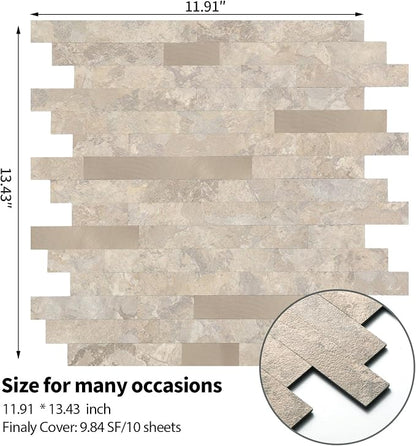 Yipscazo 10 Sheets Peel and Stick Stone Metal Tile Backsplash, Stick on Tiles for Backsplash Kitchen, Bathroom, Laundry Room, Camper, Fireplace (12'' X 12'', Beige Stone with Gold Metal)