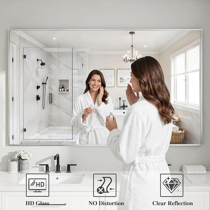 Koonmi Silver Rectangle Wall Mirror, 36x60 Inch Bathroom Mirror, Aluminum Frame Vanity Mirror for Entryway, Living Room, Bedroom Bathroom, Hangs Horizontally or Vertically