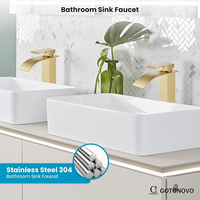 gotonovo Waterfall Tall Bathroom Faucet 1 Hole No Drain, Brushed Gold | Modern Vessel Sink Faucet Single Handle 304 Stainless Steel,24” cUPC Supply Hoses,for Bowl Basin Lavatory Vanity Restroom RV