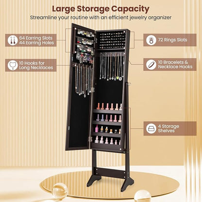 MAT EXPERT Jewelry Armoire Cabinet w/Full-Length Mirror, Jewelry Organizer Standing Mirror w/ 4 Shelves, 3 Adjustable Angles, Anti-toppling Device, Jewelry Cabinet for Bedroom, Living Room, Espresso