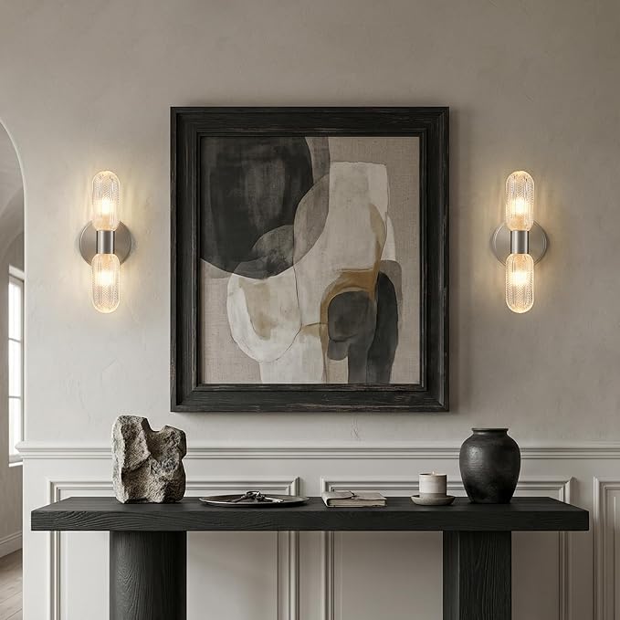 Brushed Nickel Wall Sconces 12.3in Knurled Glass Wall Light, Brass Material | 2-Light Wall Lights for Bathroom Bedroom Hallway Bathroom Vanity Mirror Entrance, Hardwired, bulb included