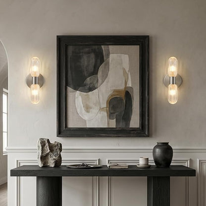 Brushed Nickel Wall Sconces 12.3in Knurled Glass Wall Light, Brass Material | 2-Light Wall Lights for Bathroom Bedroom Hallway Bathroom Vanity Mirror Entrance, Hardwired, bulb included
