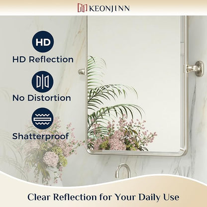 Keonjinn 20x24 Inch Brushed Nickel Povit Mirror for Bathroom, Tilt Mirror | Tenmpered Glass, Rectangle, Adjustable Bathroom Mirrors for Over Sink, Farmhouse, Metal Framed, Horizontal/Vertical