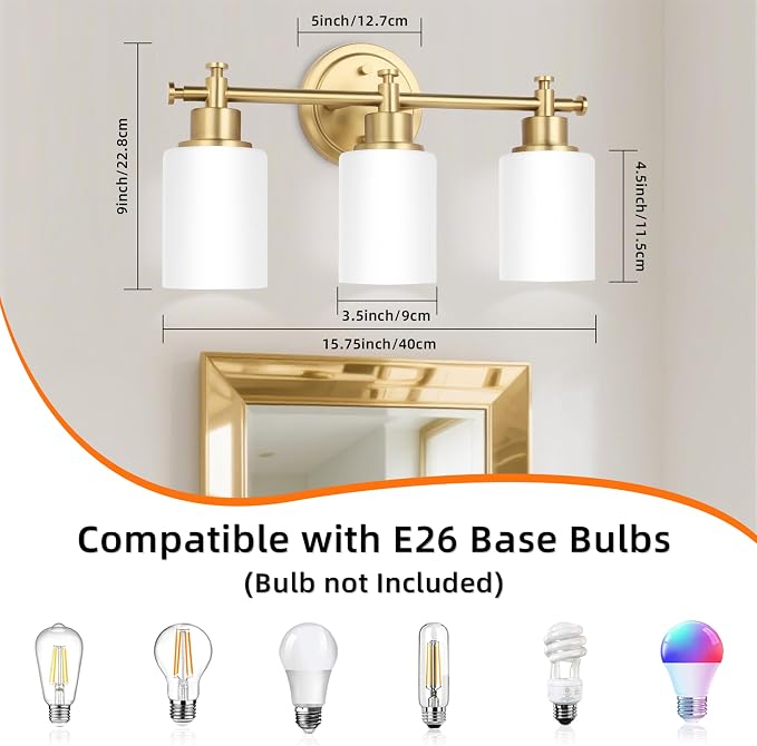 3-Light Gold Bathroom Vanity Light Fixtures, Brushed Gold Wall Sconce, Champagne Gold Vanity Light with Milky White Glass Shade Over Mirror, Bathroom, Bedroom, Modern Style, E26 Base | Champagne Gold Vanity Light Over Mirror with Milky White Glass Shad...