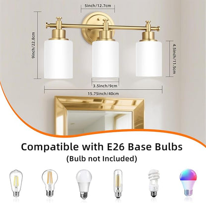 3-Light Gold Bathroom Vanity Light Fixtures, Brushed Gold Wall Sconce, Champagne Gold Vanity Light with Milky White Glass Shade Over Mirror, Bathroom, Bedroom, Modern Style, E26 Base | Champagne Gold Vanity Light Over Mirror with Milky White Glass Shad...