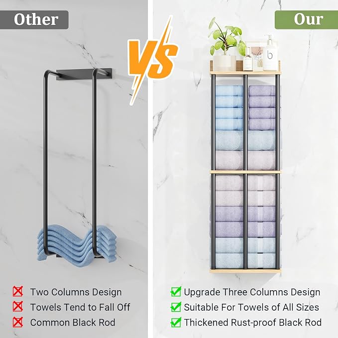 Large Capacity Three-Layer Towel Racks for Bathroom Wall Mounted, Updated 3 Bar Towel Holder for Bath Wall, Bath Towel Rack for Bathroom Wall, Metal Small Bathrooms Towel Storage Rack, Oak Color