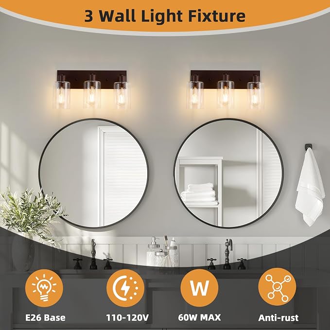 3 Lights Bathroom Light Fixtures Oil Rubbed Bronze Vanity Light with Clear Glass Shade 18in Modern Bathroom Lighting Fixtures Over Mirror for Bedroom/Living Room