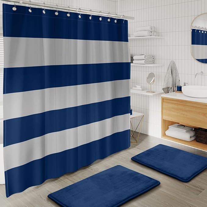 Clara Clark Bathroom Accessories Set - 28PC Bathroom Set with Adhesive Corner Shower Caddy Hanging, Bathroom Sets with Shower Curtain and Rugs, Navy Shower Curtain Set with Bathroom Trash Can