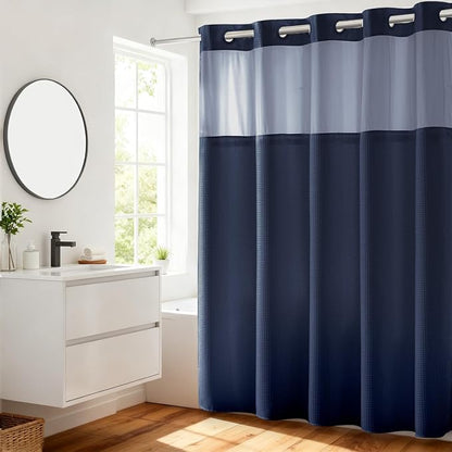 River Dream Waffle No Hook Shower Curtain with Liner,Navy Blue,71x74 | Dotted Waffle,Snap-in Liner,Heavy Duty,Quick Dry,Mesh Top Window,With Bottom Magnets,Hotel-Grade,Washable,Standard Size