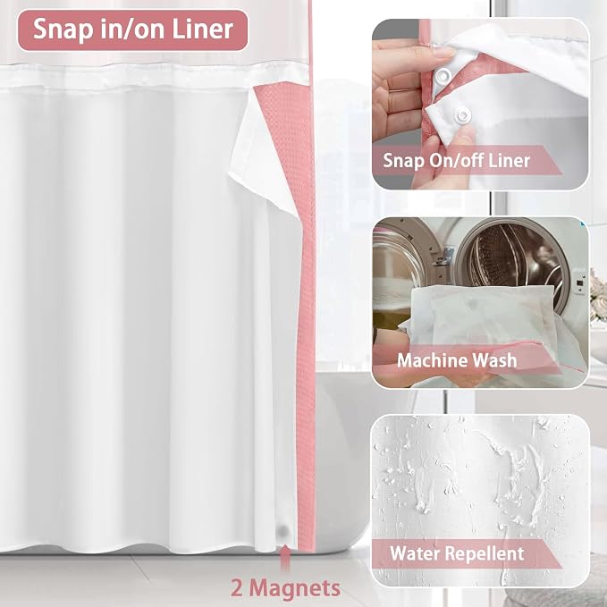 No Hook Shower Curtain and Liner Set,Pink Hotel Waffle Shower Curtain with Liner 75" L x 72" W