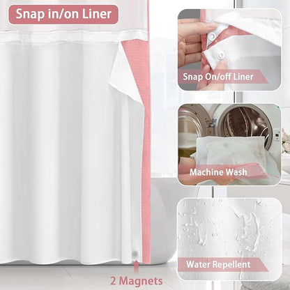 No Hook Shower Curtain and Liner Set,Pink Hotel Waffle Shower Curtain with Liner 75" L x 72" W