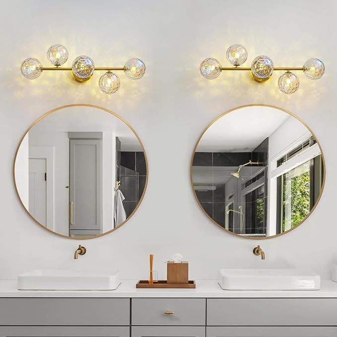 Gold Bathroom Vanity Light Fixtures: Modern Wall Scones With Stained Glass Shades - Globe Makeup Lighting Fixture over Mirror - Brass Ball Powder Room Vanities Lights for Bathroom Bulbs not Included