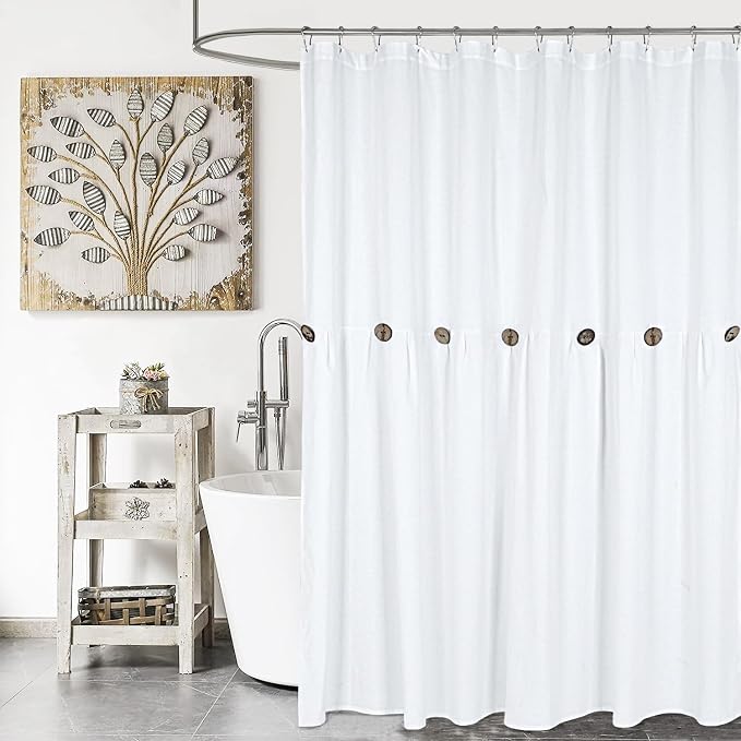 DOSLY IDÉES Farmhouse Shower Curtain, White Cloth Button Curtain, Cotton Blend Fabric, Rustic Country Shabby Chic Style, 72x72 in, Bathroom