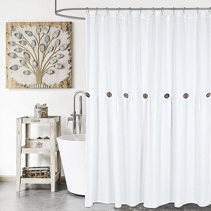 DOSLY IDÉES Farmhouse Shower Curtain, White Cloth Button Curtain, Cotton Blend Fabric, Rustic Country Shabby Chic Style, 72x72 in, Bathroom