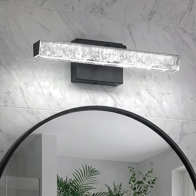 Modern LED Bathroom Vanity Light Fixtures, 16-Inch Black Wall Sconce with Iceberg Crackle Acrylic, Linear Bathroom Lighting Over Mirror Cabinet, Non-Dimmable 110V Wall Mount Lamp for Restroom