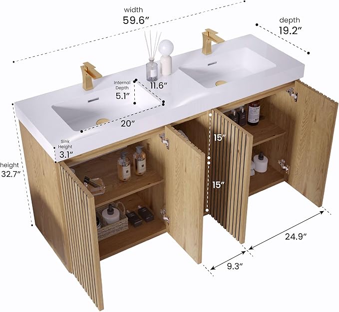 60" Double Bathroom Vanity with Sink Combo, Mid Century Modern Bathroom Cabinet with Doors & Shelves, Glossy White Integrated Sink with Overflow, Light Oak