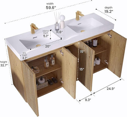 60" Double Bathroom Vanity with Sink Combo, Mid Century Modern Bathroom Cabinet with Doors & Shelves, Glossy White Integrated Sink with Overflow, Light Oak